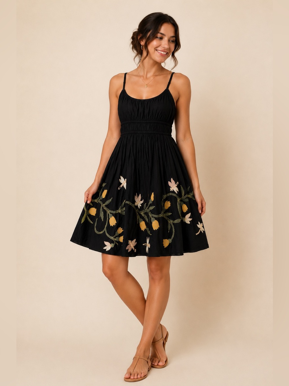 Pura Vida Black Cotton Dragonfly Floral Appliqué Embroidered Dress Small